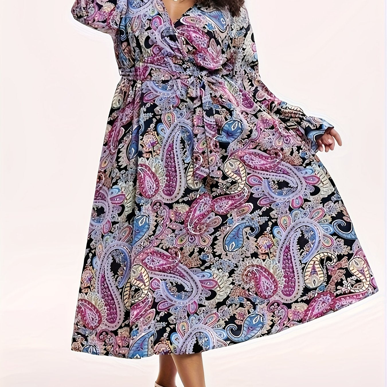  Boho Dress Paisley Print Lantern Sleeve Maxi Dress