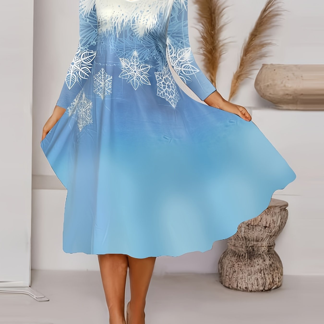  Snowflake Print Long Sleeve V Neck Loose Fit Dress