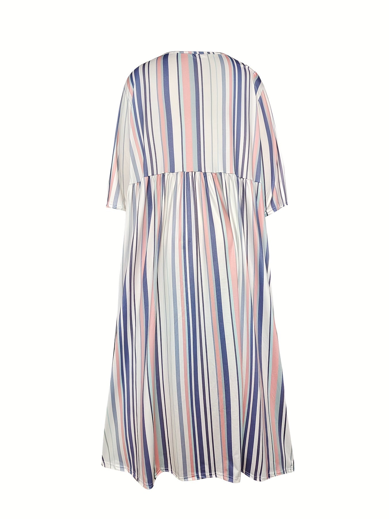  Stripe Print Ruched V Neck Short Sleeve Dress