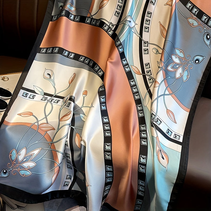 Flower Print Satin Scarf Silk Shawl Classic Block Head Wraps