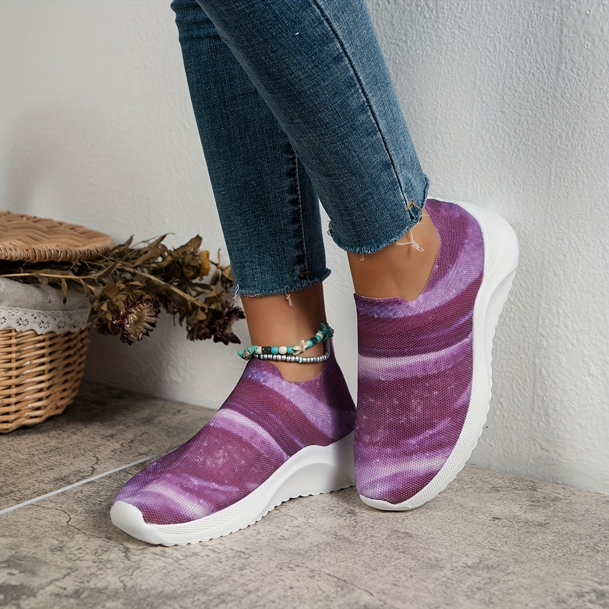 Women's Colorblock Flying Woven Sneakers Slip On Lightweight Platform Shoes