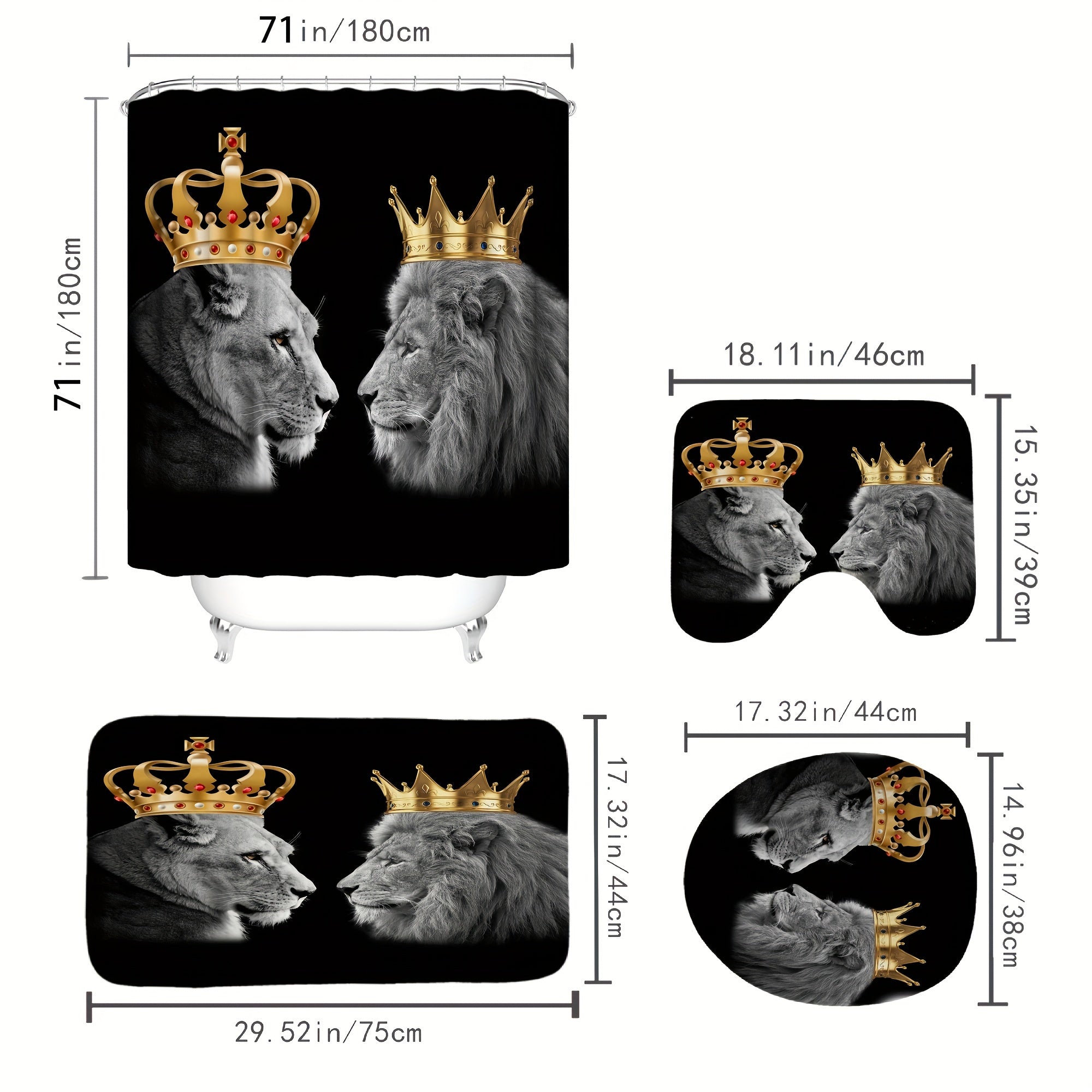 4pcs Lion Couple Bathroom Set Waterproof Shower Curtain With 12 Hooks