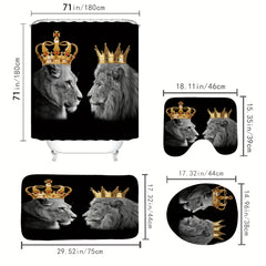 4pcs Lion Couple Bathroom Set Waterproof Shower Curtain With 12 Hooks