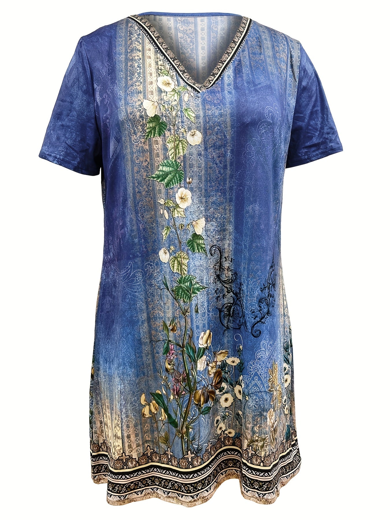  Floral Print V Neck Stretch Dress