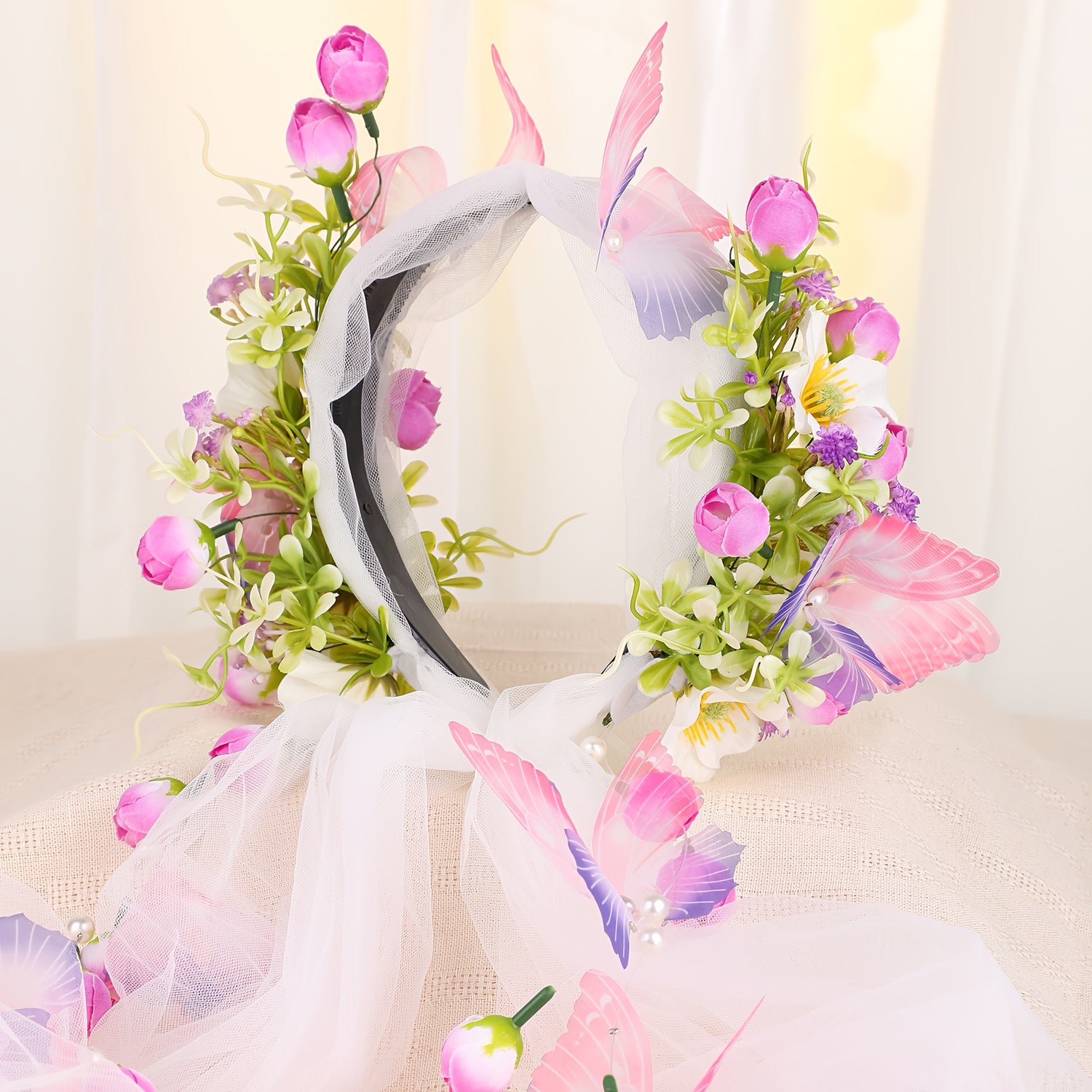 Purple & Green Floral Bridal Headband with Veil