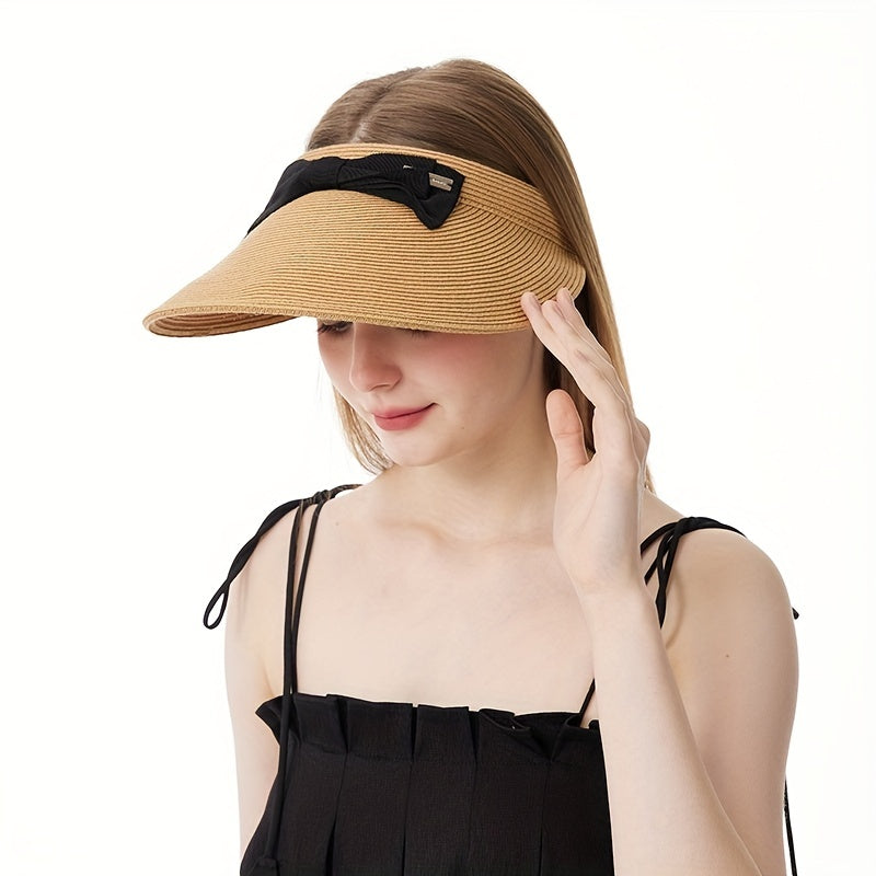 Straw Visor Hat with Bow Decor Wide Brim UV Protection