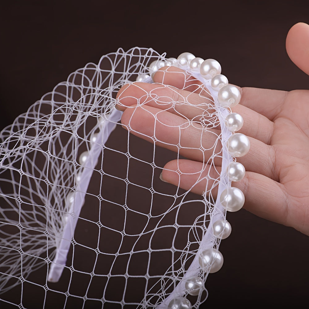Bridal Veil & Faux Pearl Headband Diamond Grid for Weddings