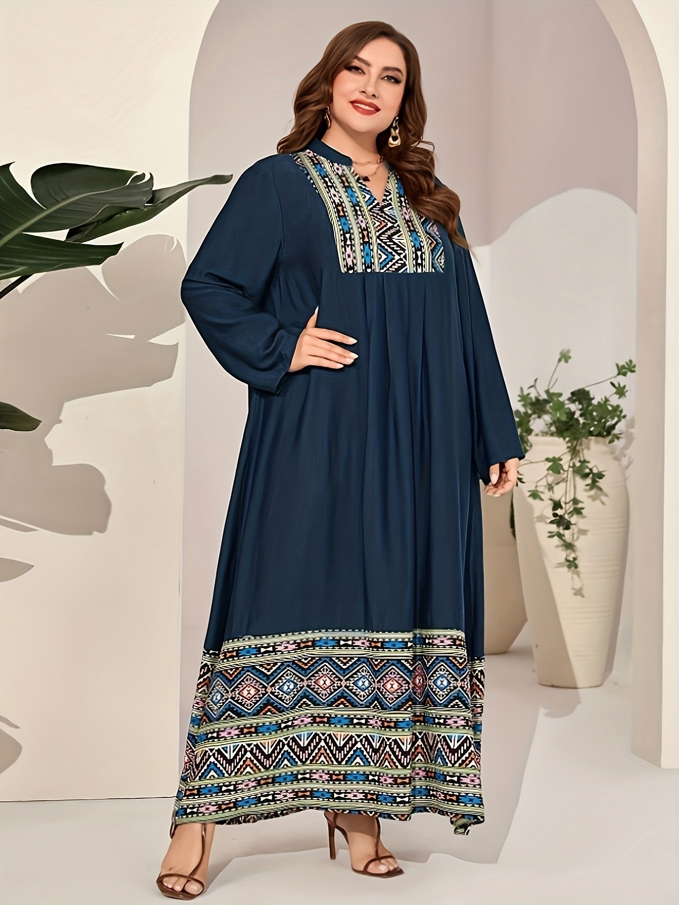  Geo Print Abaya Dress Long Sleeve Maxi Jalabiya