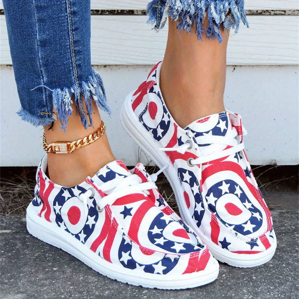 Women's Star & Ring Pattern Boat Shoes Independence Patriotic Sneakers