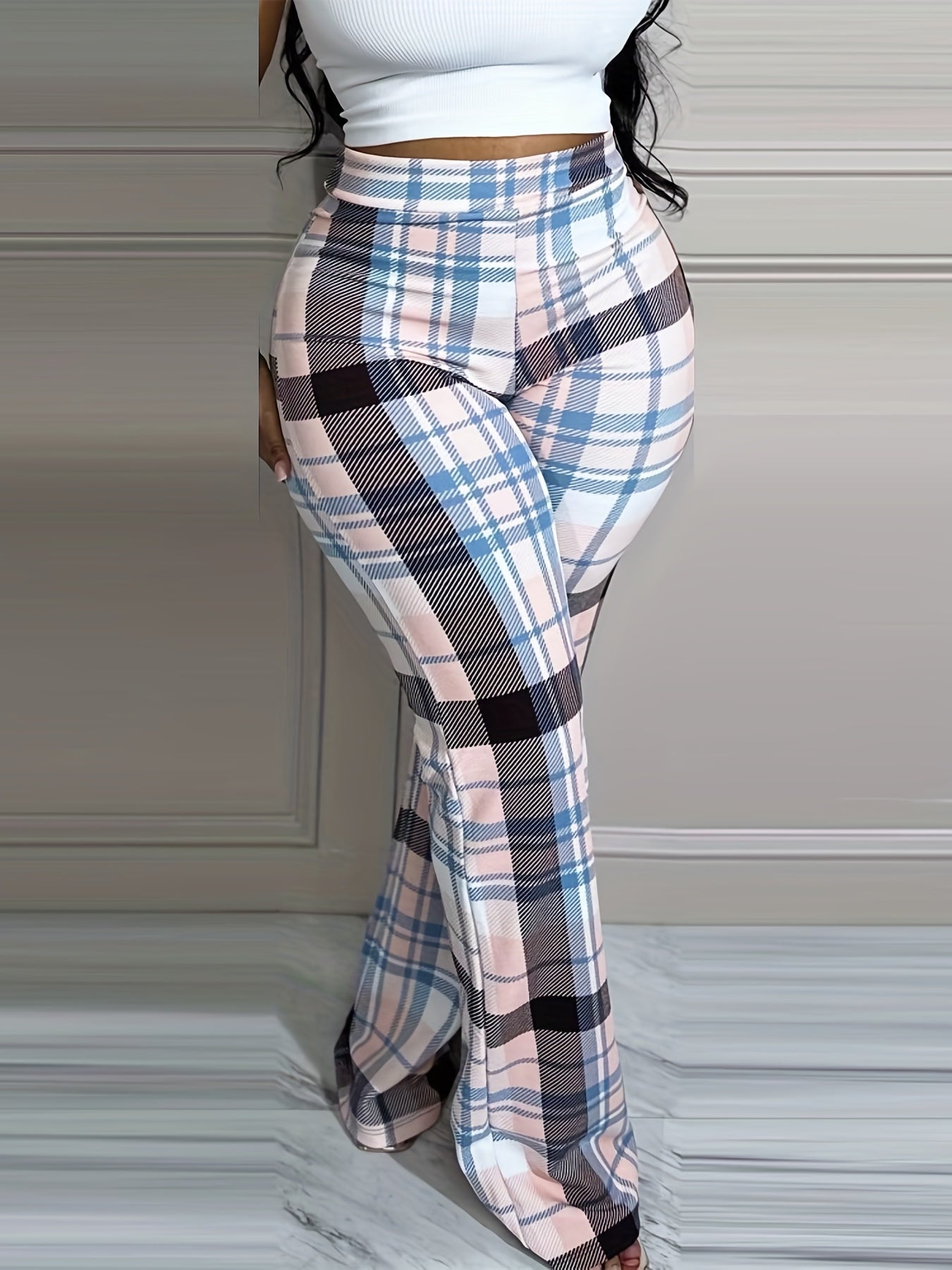 Boho Pants Women's Wide Leg Straight Plaid Print Elastic Waist