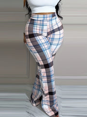  Boho Pants Women's Wide Leg Straight Plaid Print Elastic Waist