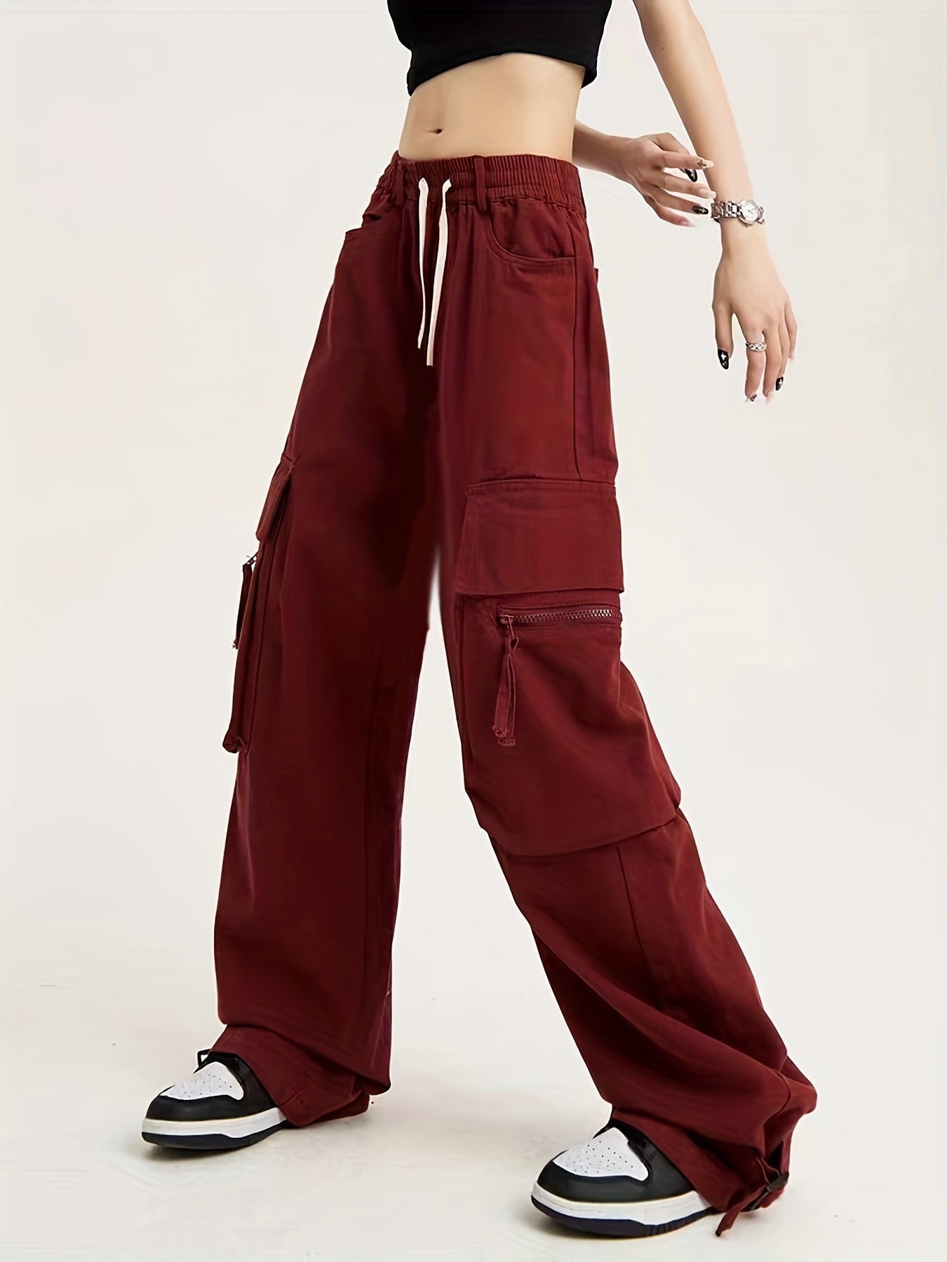  Solid Buckle Detail Wide Leg Trousers