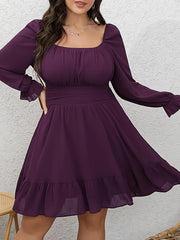  Solid Lantern Sleeve Square Neck Mini Smock Dress