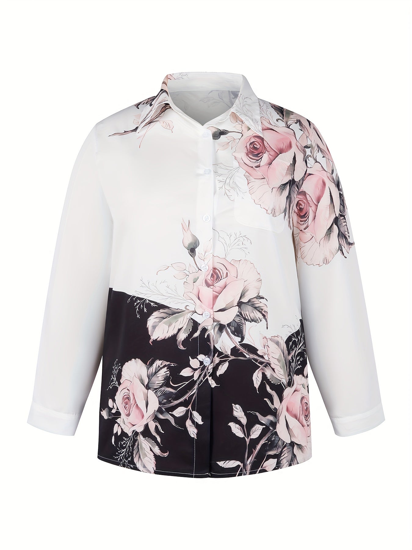  Colorblock Floral Print Long Sleeve Blouse