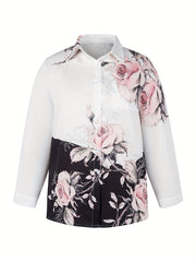  Colorblock Floral Print Long Sleeve Blouse