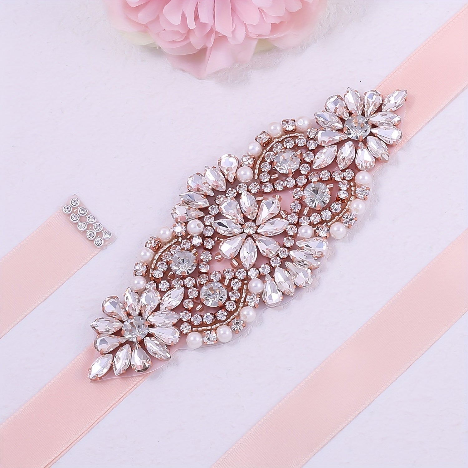 Rhinestone Waistband Satin Ribbon Belt Wedding