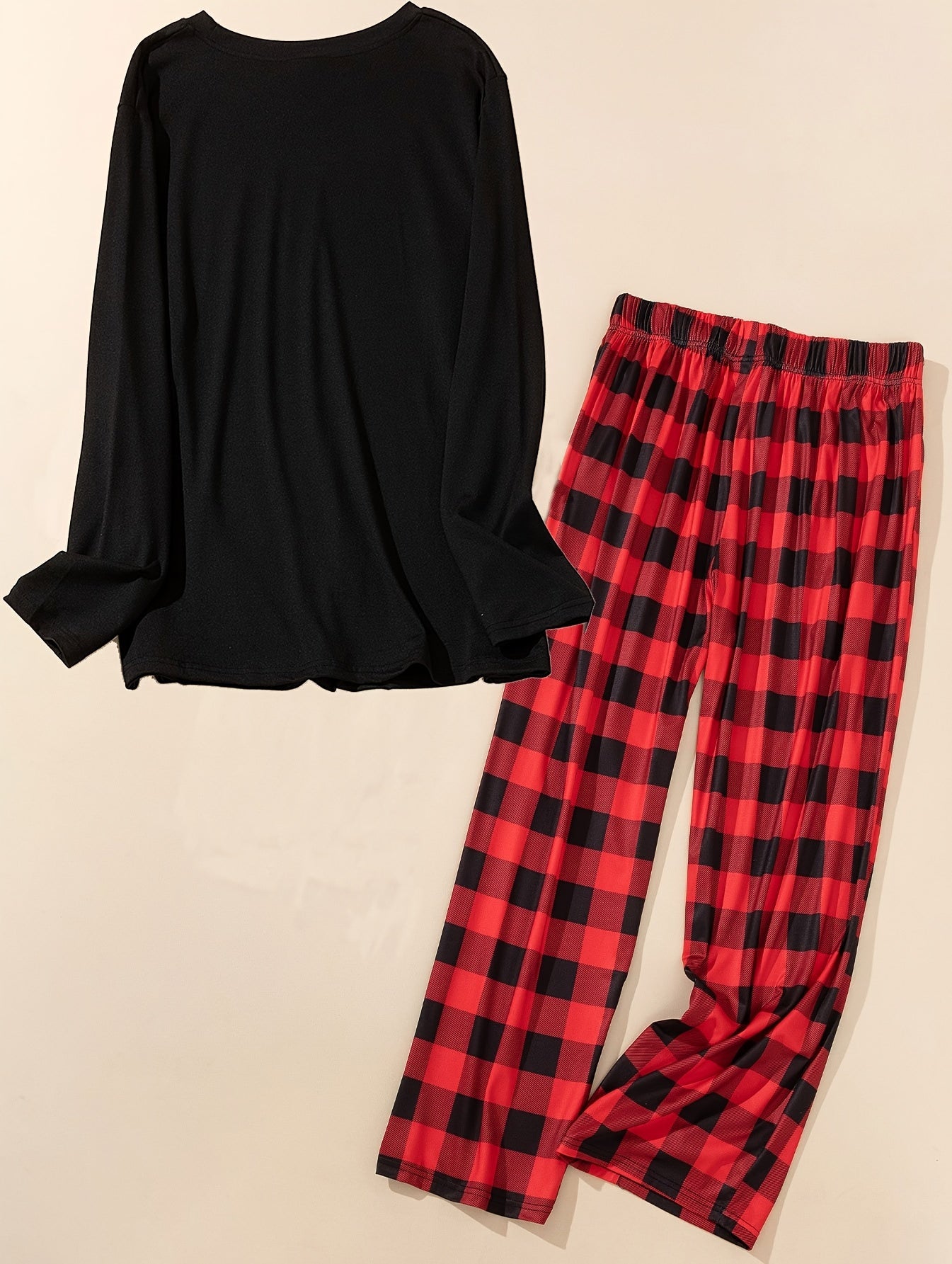  Lounge Set Women's Plus Letter & Heart Print Tee & Plaid Pants Pajamas