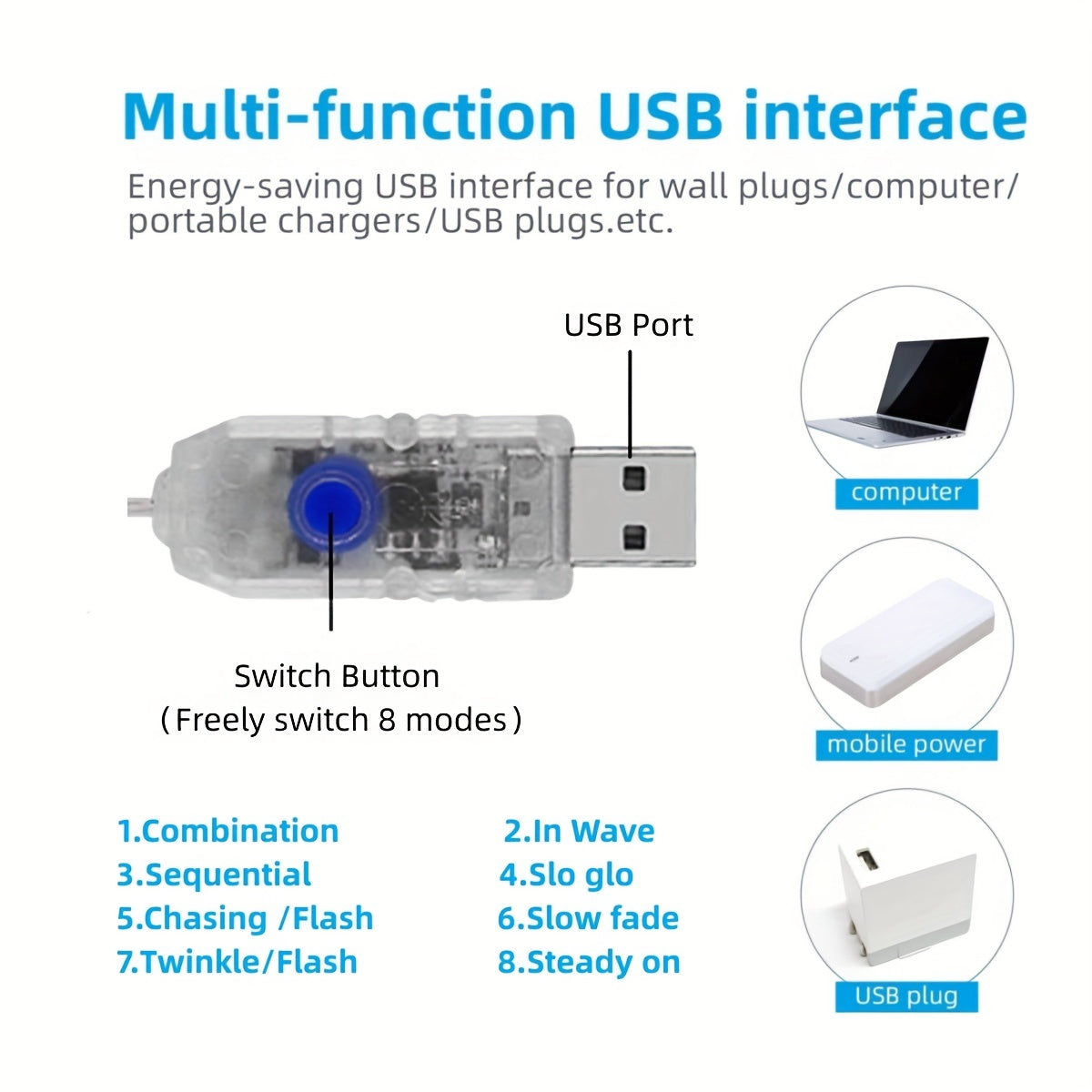 4m 13ft 90LED Icicle Lights Outdoor Decoration 8 Modes USB Plug In Waterproof