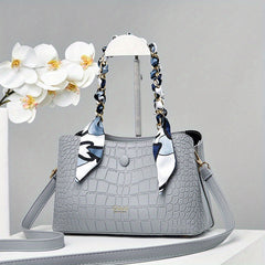 Crocodile Embossed Shoulder Bag with Scarf - Women's Satchel