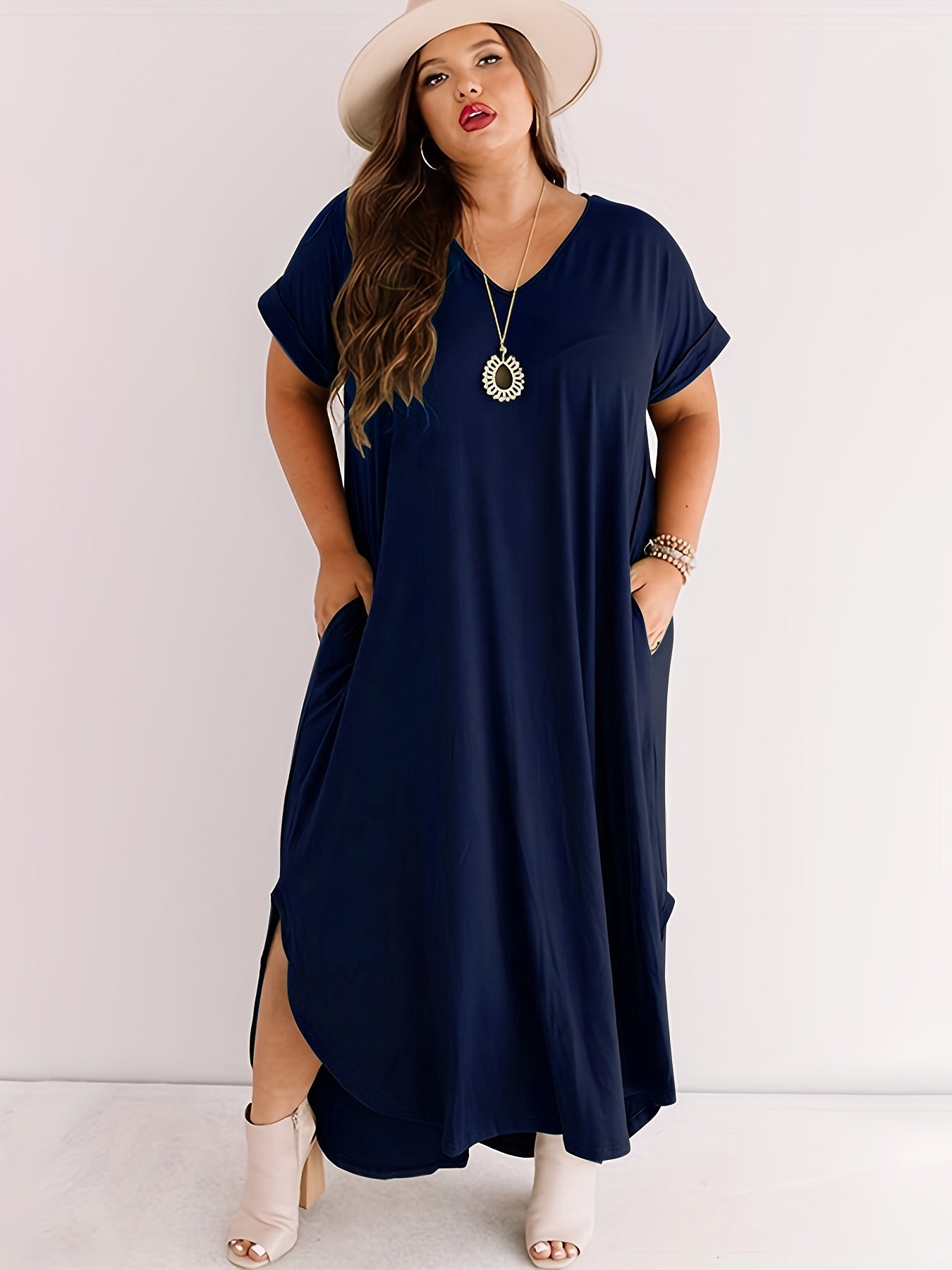  Solid Short Sleeve V Neck Maxi Dress