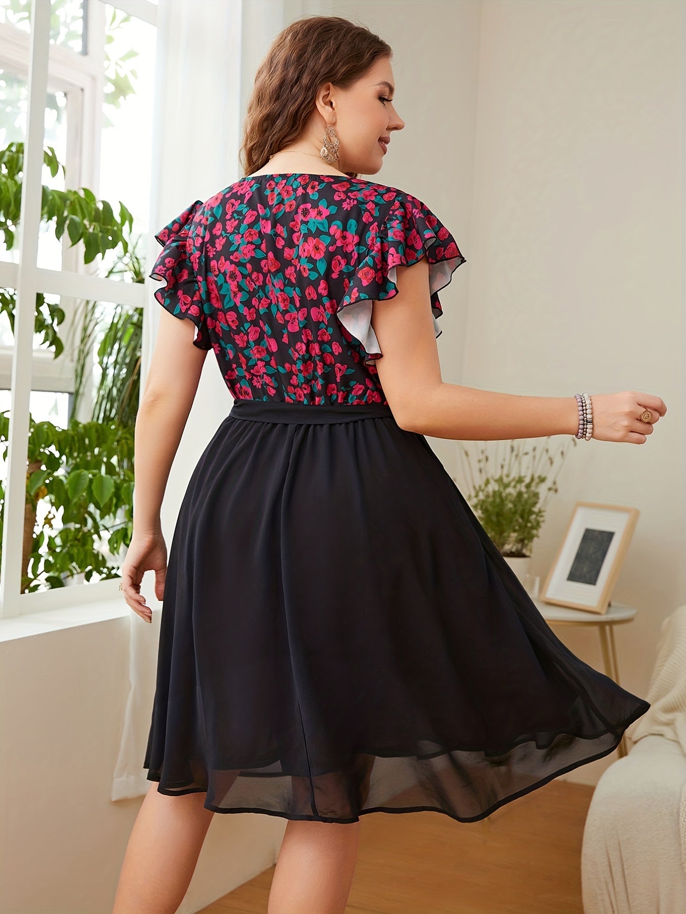 Floral Ruffle Sleeve Surplice Neck Summer Dress With Belt