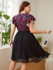 Floral Ruffle Sleeve Surplice Neck Summer Dress With Belt