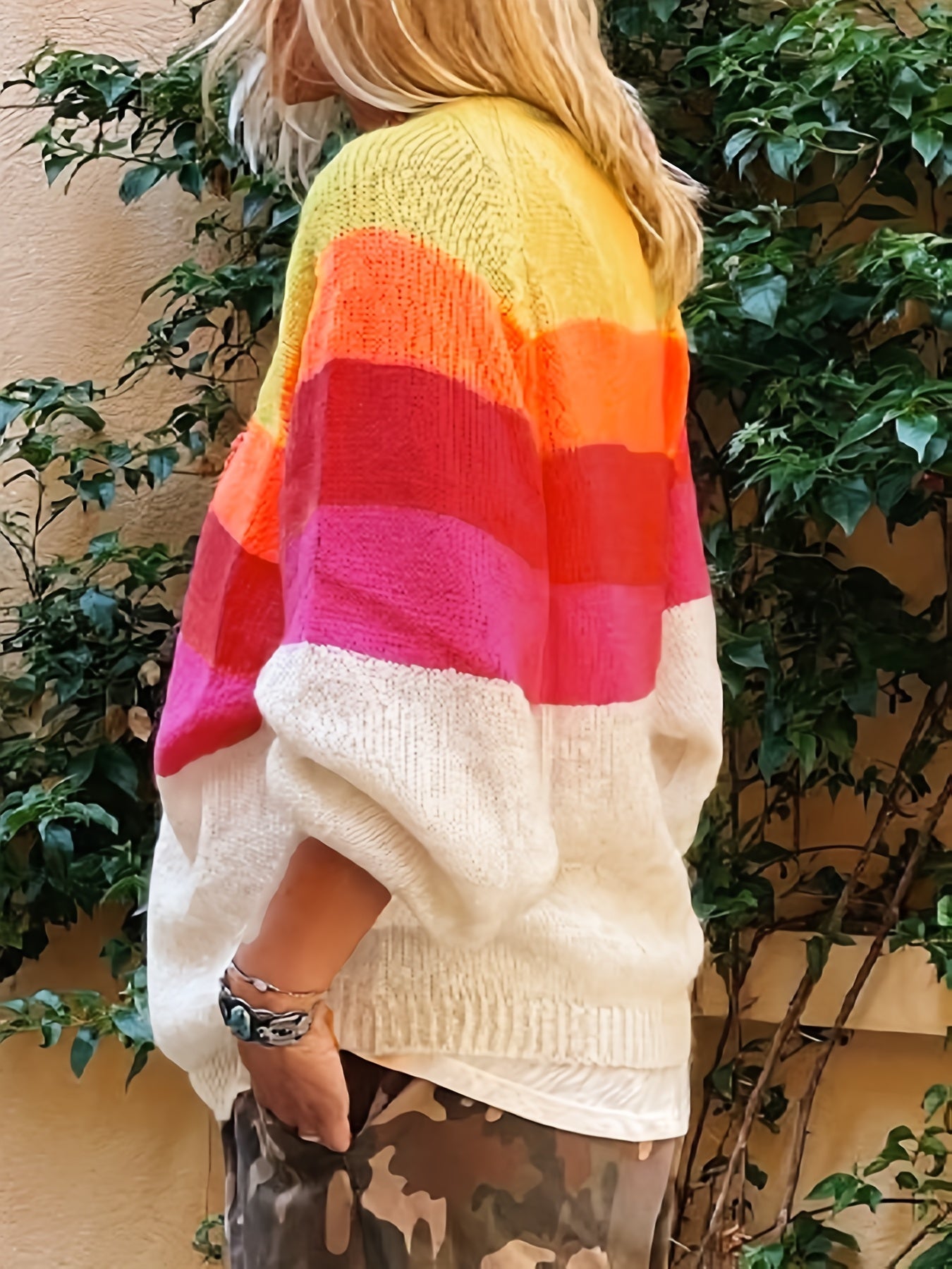  Colorblock Stripe Lantern Sleeve V Neck Sweater