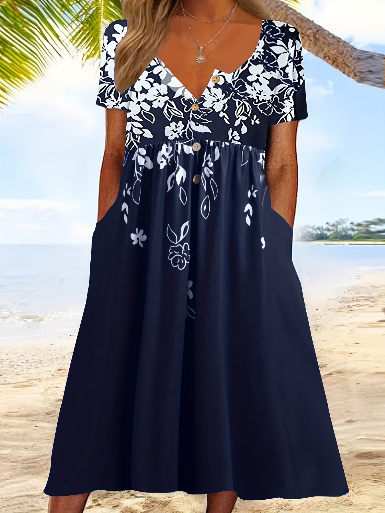  Floral Print Button Up Short Sleeve Dress With Pockets