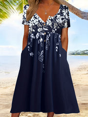  Floral Print Button Up Short Sleeve Dress With Pockets