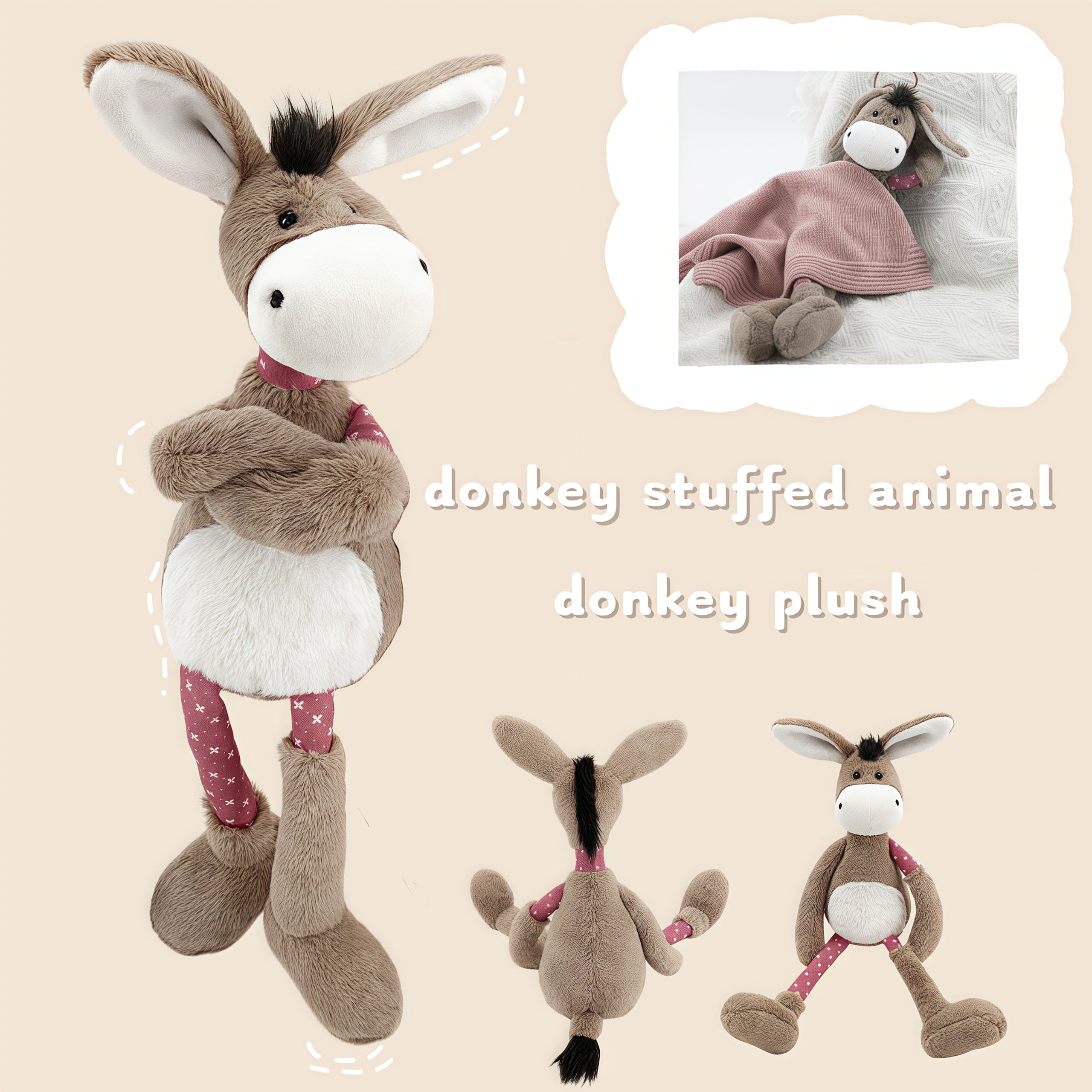 Cute Donkey Plush Toy with Pink Bow & Polka Dot Legs