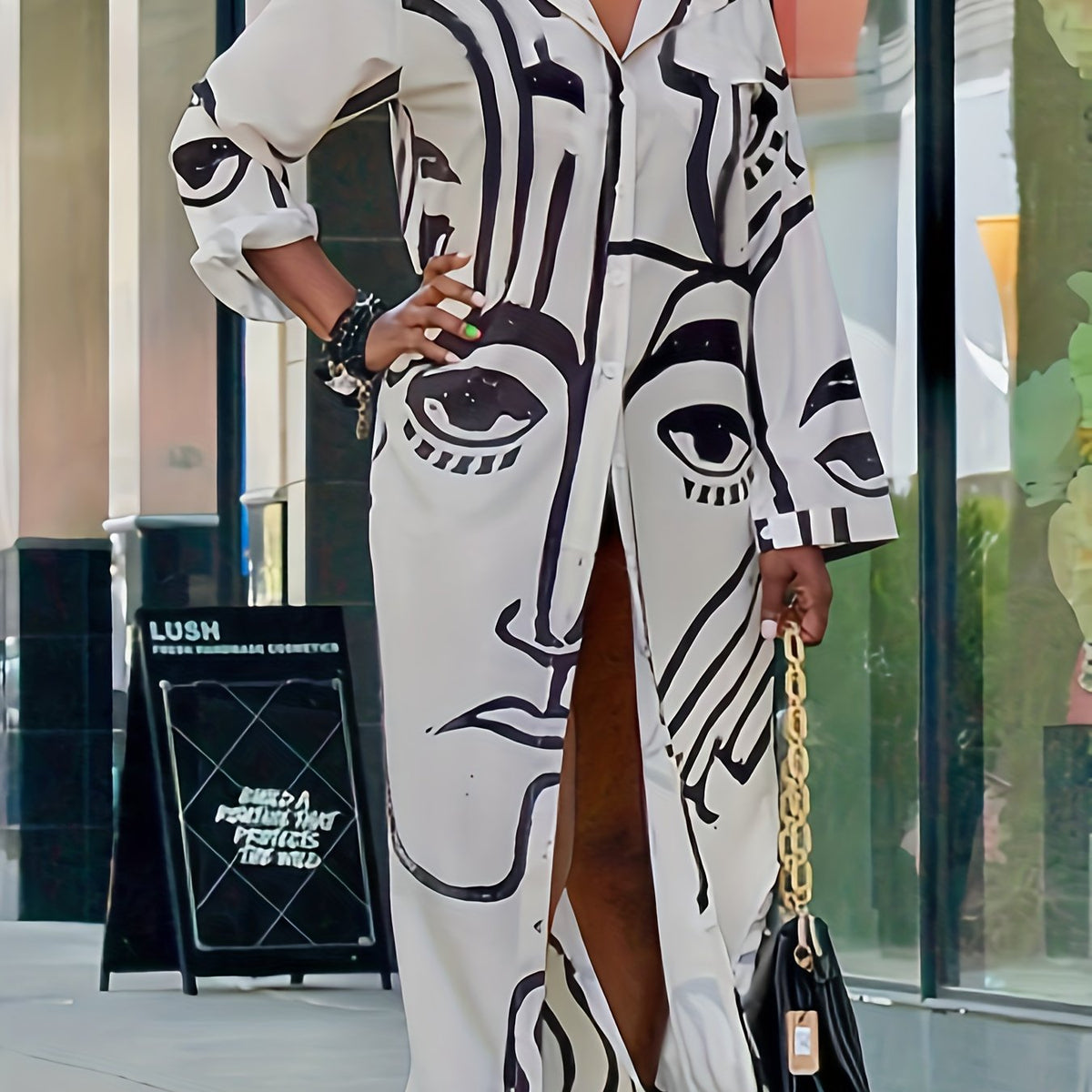  Women's Abstract Face Print Button Up Long Sleeve Collar Dress