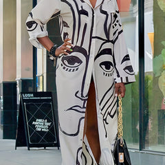  Women's Abstract Face Print Button Up Long Sleeve Collar Dress