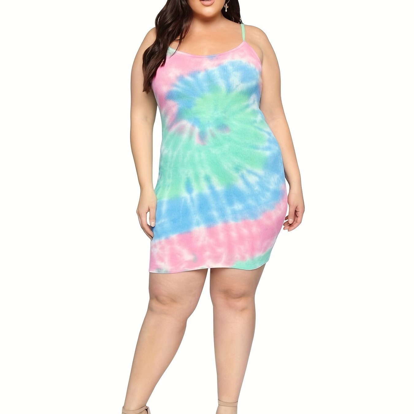  Tie Dye Cami Dress Round Neck Stretch Slim Fit Mini Summer Dress