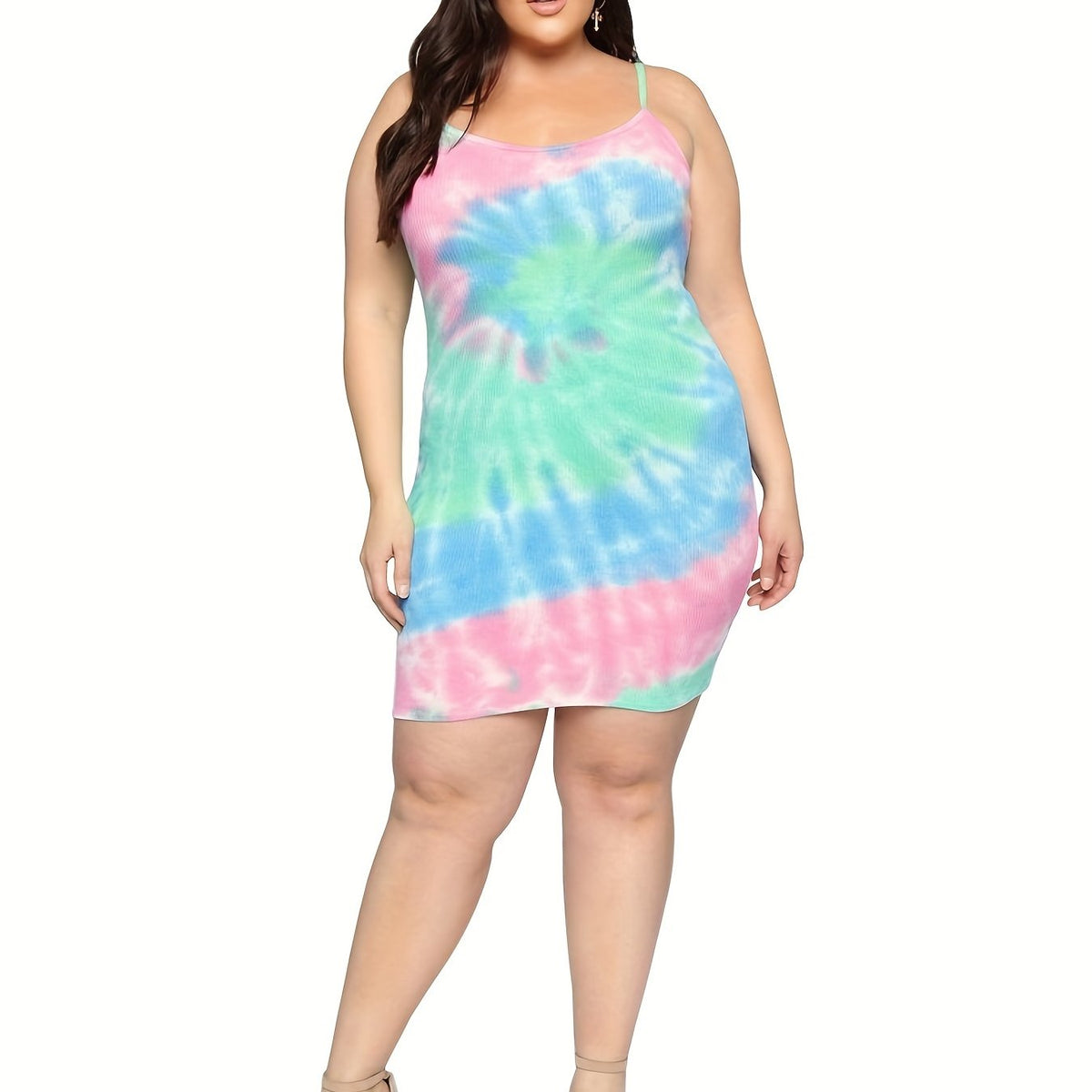  Tie Dye Cami Dress Round Neck Stretch Slim Fit Mini Summer Dress