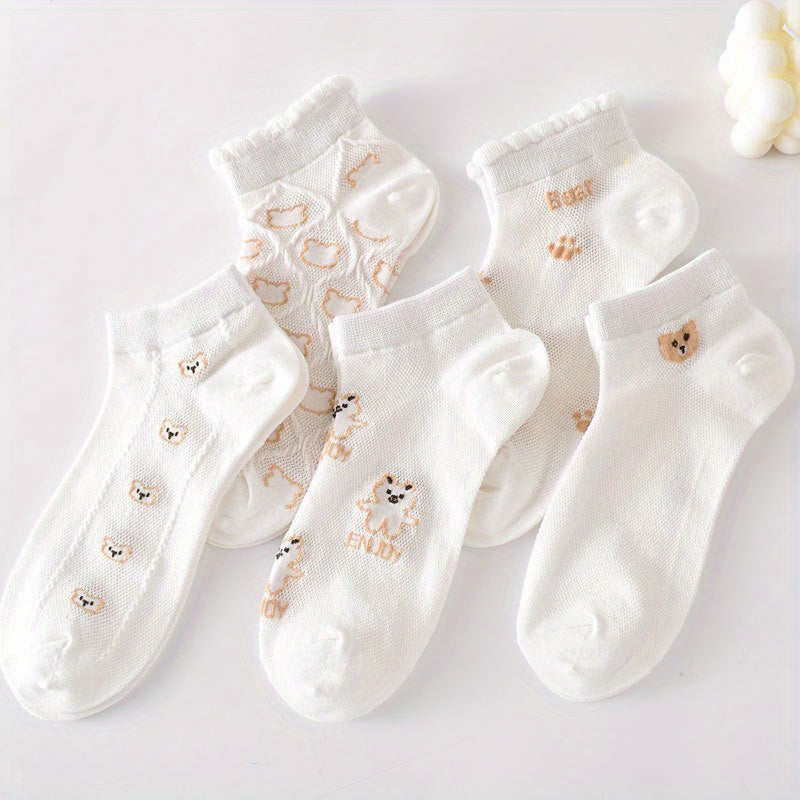 5 Pairs Cartoon Bear Print Socks & Ankle Socks Women's Stockings
