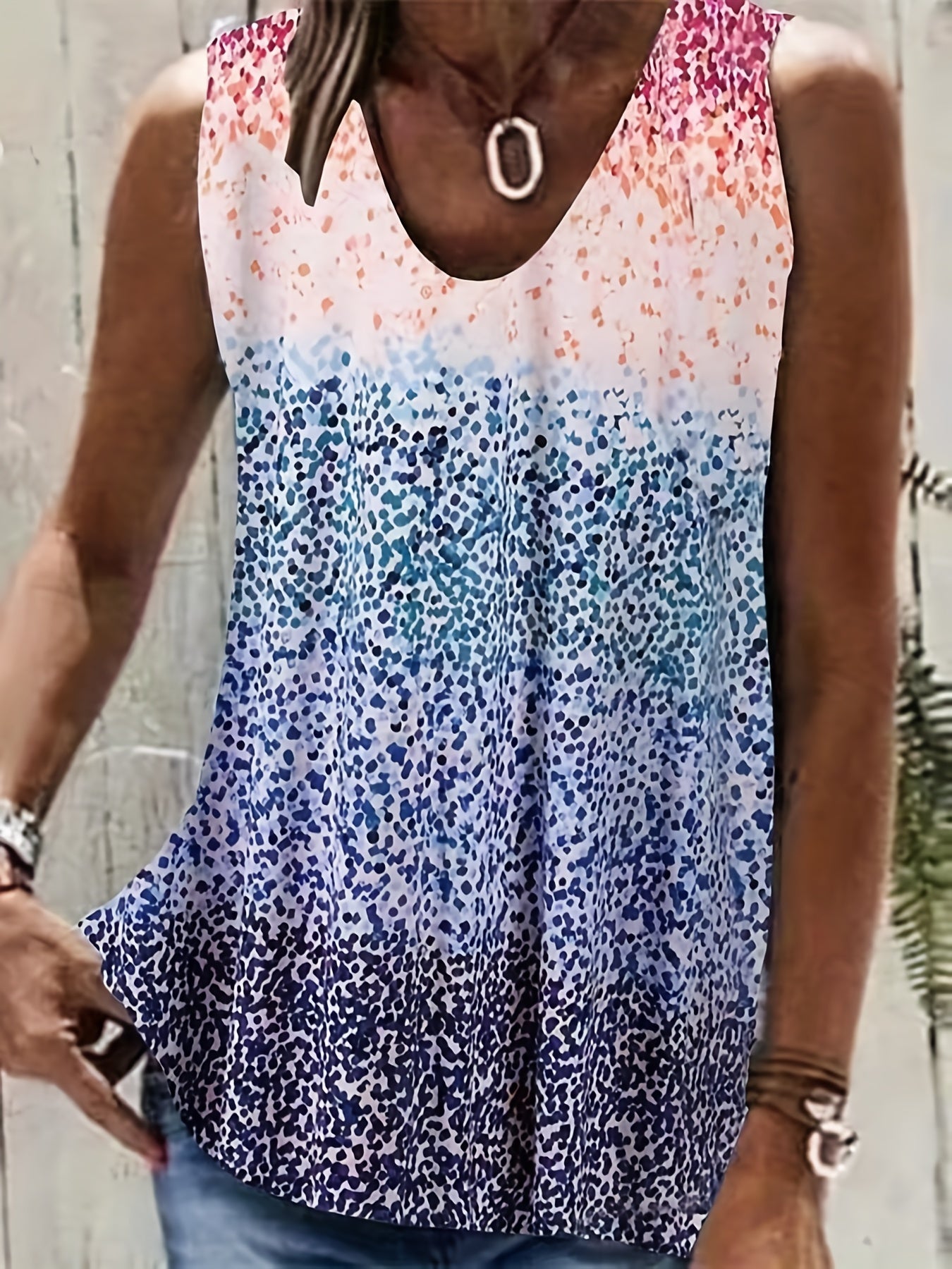  Colorblock Allover Print V Neck Tank Top