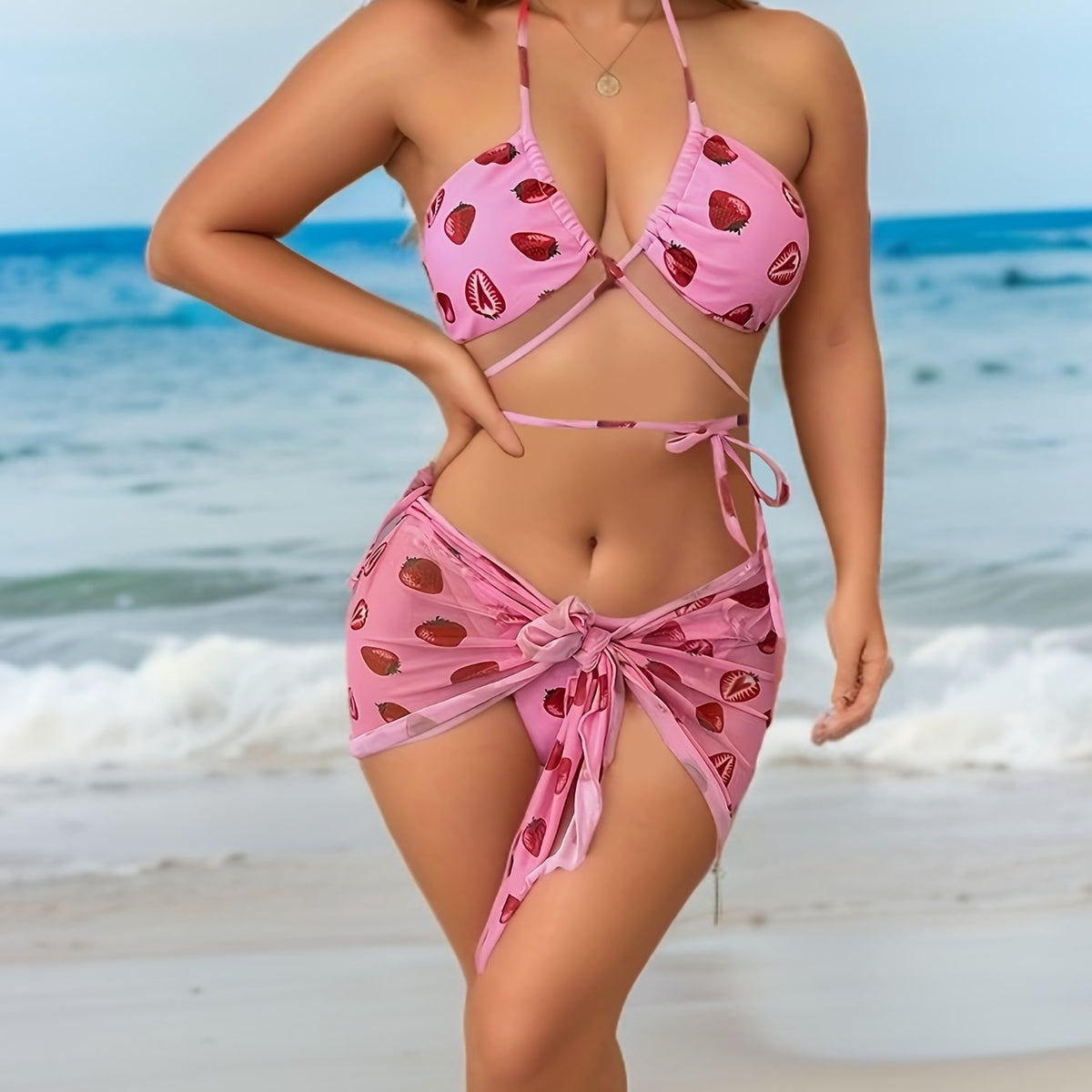  Strawberry Print Bikini Set with Cover Up Skirt