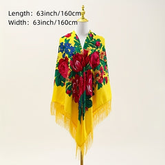 Boho Tassel Shawl Classic Flower Print Square Scarf Vintage Wraps for Women