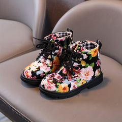 Girls Flower Print Ankle Boots Outdoor Shoes For Toddler