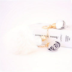 Flower Pom Pom Keychain Plush Key Ring Purse Bag Charm Earbud Case Accessory
