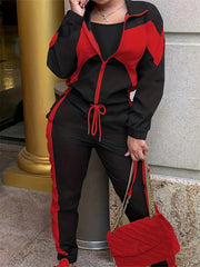  Colorblock Zipper Coat & Drawstring Pants Set