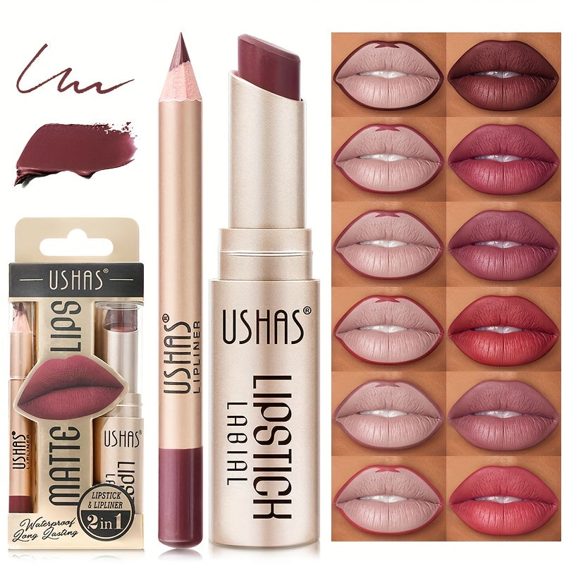 Matte Lipstick Lip Liner Set Nude Long Wear Waterproof Makeup