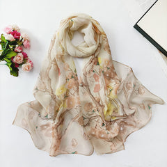 Thin Print Silk Scarf Lightweight Floral Pattern Scarf