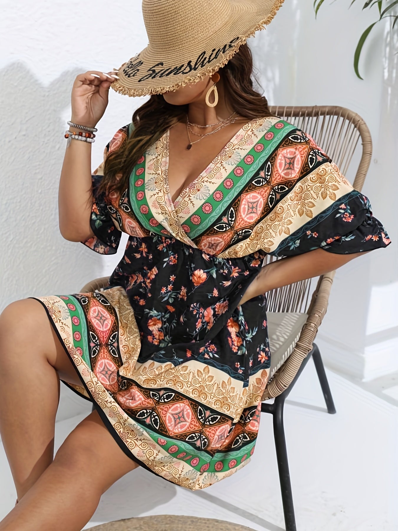  Boho Dress Women's Plus Floral Print V Neck Dress