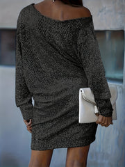  Glitter Sequin One Shoulder Long Sleeve Party Formal Dress