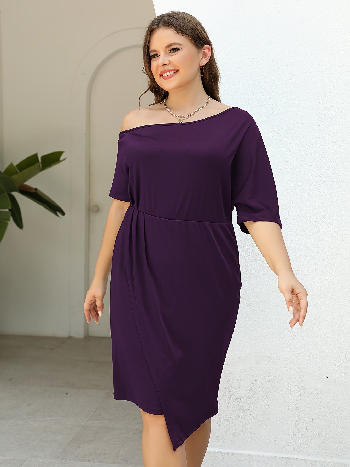  Solid One Shoulder Stretch Dress