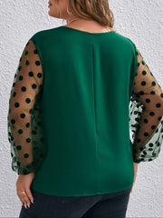 Dot Print Mesh Lantern Sleeve V Neck Top