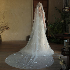 Vintage European Romance Wedding Veil with Pearls & 3D Butterfly