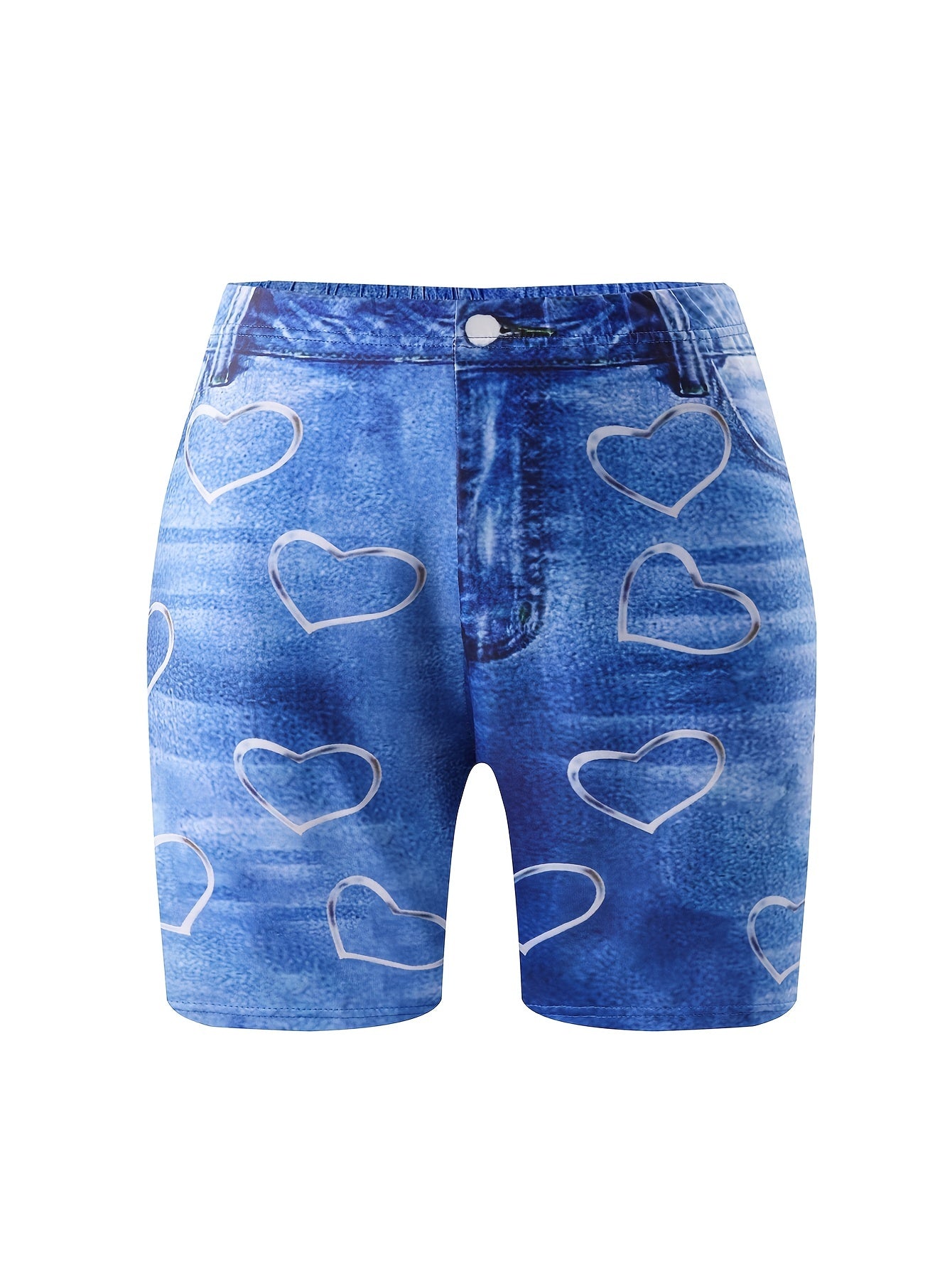  Denim & Heart Print Biker Shorts