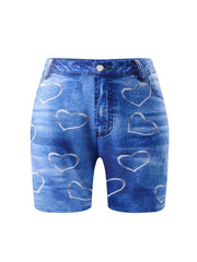 Denim & Heart Print Biker Shorts